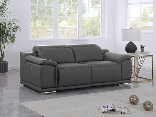 BlackJack Furniture Venice Top Grain Italian Leather Power Recliner Loveseat Sofa - 80" Theater Seating Modern Couch for Living Room Apartment Home with Adjustable Headrests & USB Port, Dark Grey