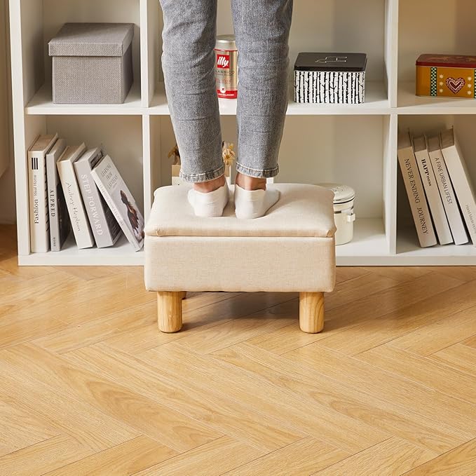 Ottoman with Storage, Small Foot Rest for Couch 16x12x9.5inch, Safety Hinge Flip Top Foot Stool Ottoman Load up to 330lb for Living Room Dorm Beige YD-JD1361