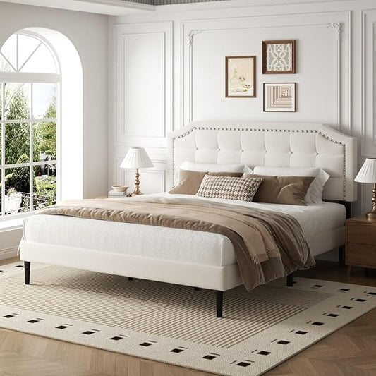 King Size Bed Frame, King Size Platform Bed Frame with Upholstered Button Tufted Headboard, Strong Wood Slats, No Box Spring Needed, Mattress Foundation, Easy Assembly Beige
