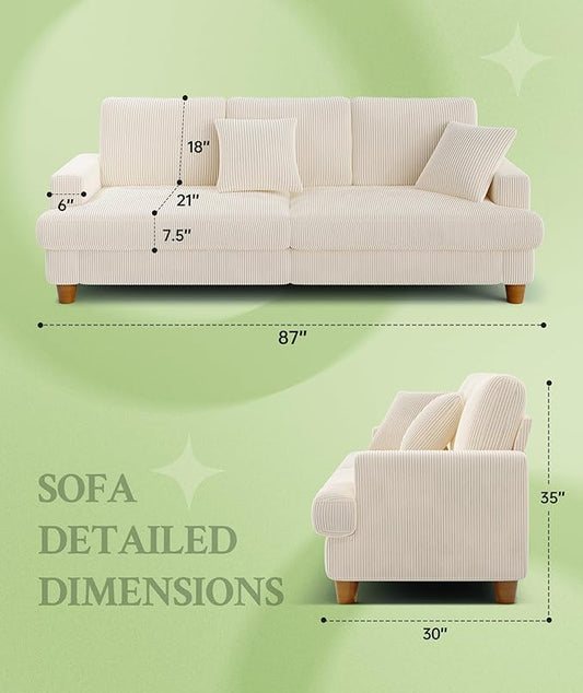 Welzona 87.2" Couches for Living Room, Comfy Beige Couch 7.5" Extra Thick Cushion, Sofas for Living Room Tool-Free Setup, Loveseat Sofa 848lbs Support, Corduroy Couch for Bedroom, Apartment, Office