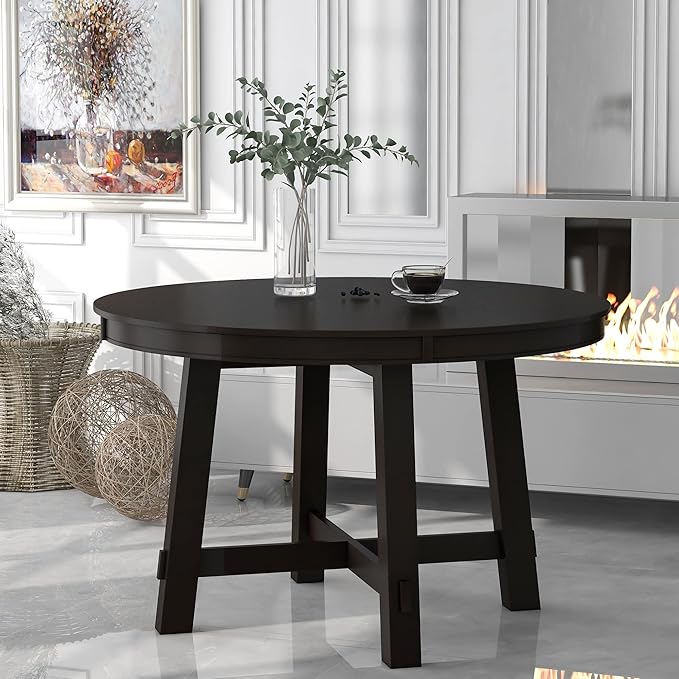 ERYE Farmhouse Style Extendable Wooden Round Dining Table, Functional Extendable Oval Dining Table with 16" Leaf