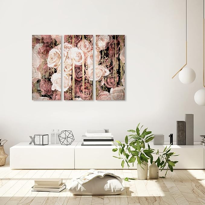The Oliver Gal Artist Co. and Botanical 'Pink Rose Bouquet Three Piece' Florals by Oliver Gal Pink, Gold 3 Panel Wall Art Canvas Wall Art Ready to Hang Home Decor 40083 CANV XHD 3- piece 16x36, 3pc set