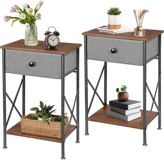 VECELO Night Stand Set of 2, Small End Table for Small Spaces, Wood Side Table for Living Room, Bedside Table with Drawer for Bedroom, Easy Assembly, Rustic Brown