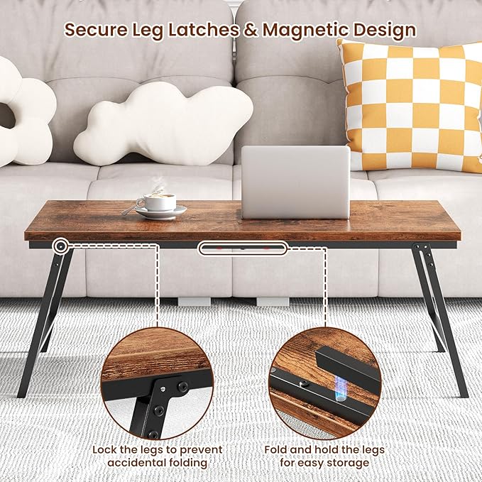 Folding Coffee Table, Leg Latches Portable Sturdy Floor Table Desk for Sitting on The Floor, No Assembly Low Coffee Table for Living Room, Home, Office, Rustic Brown, 41.34L×21.65W×15.75H