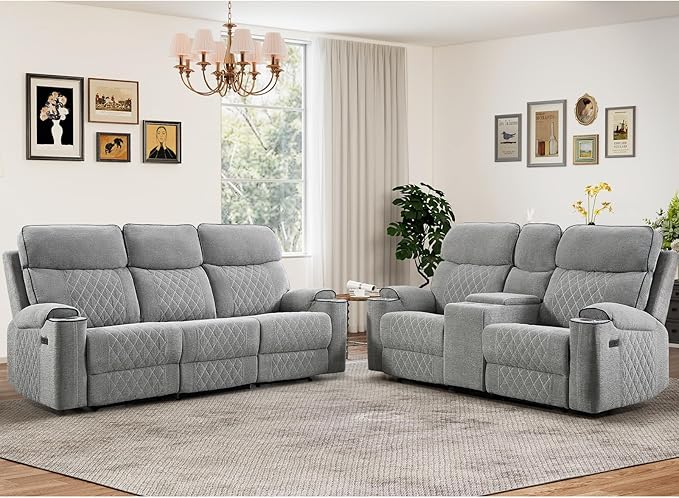 HAOMARKETS 2-Piece Power Recliner Sofa Set with Charging Port, Include 2-Seater Loveseat Reclining Couch with Hidden Storage and Cup Holders and 3-Seater Recliner Couch for Living Room, Light Grey