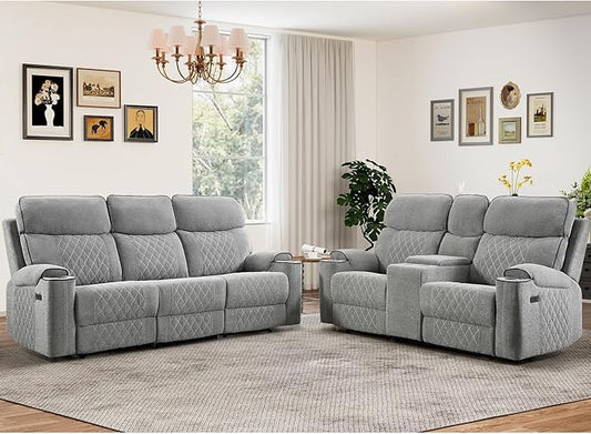 HAOMARKETS 2-Piece Power Recliner Sofa Set with Charging Port, Include 2-Seater Loveseat Reclining Couch with Hidden Storage and Cup Holders and 3-Seater Recliner Couch for Living Room, Light Grey