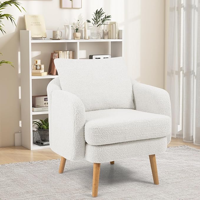 Giantex Sherpa Accent Chair Set of 2, Modern Upholstered Single Sofa Chair with Back Pillow & Solid Rubber Wood Legs, Teddy Barrel Arm Chair for Reading, Living Room, Bedroom, Office, White