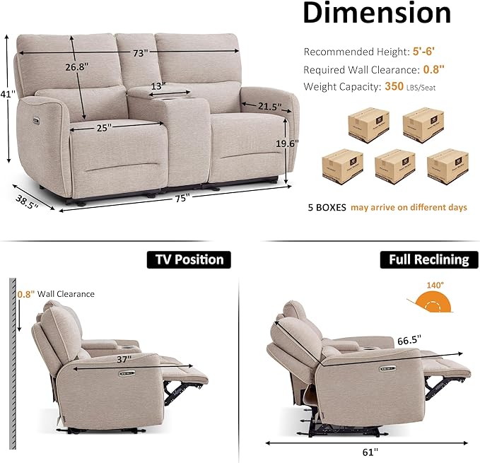 MCombo 75" Wall Hugger Power Loveseat Recliner Sofa with Console and Adjustable Headrest, RV Reclining Loveseat with USB Ports for Living Room 6926 (Beige, Loveseat with Console)
