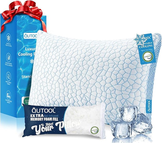 QUTOOL Enhanced Cooling Pillows for Sleeping, CertiPUR-US Shredded Memory Foam Pillows Standard Size Set of 1 for Hot Sleeper, Adjustable Pillow for Side, Back, Stomach Sleepers Support Yet Soft, Blue