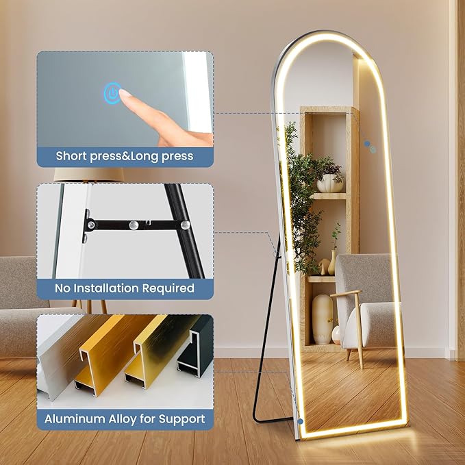 OLIXIS 20"×63" Arched Full Length Mirror with Light, LED Floor Full Body Mirror with 3 Color Lighting