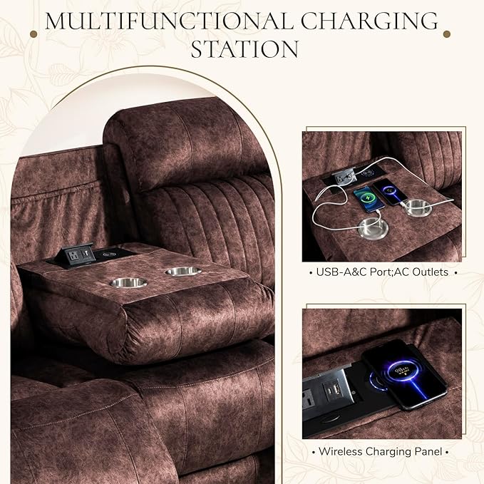Power Reclining Sofa with Zero Gravity, Adjustable Headrest, Electric Reclining Couch with Wireless Charge, USB/Type-C Ports, Wall Hugger Couches for Living Room (Brown, 3 Seater Sofa)