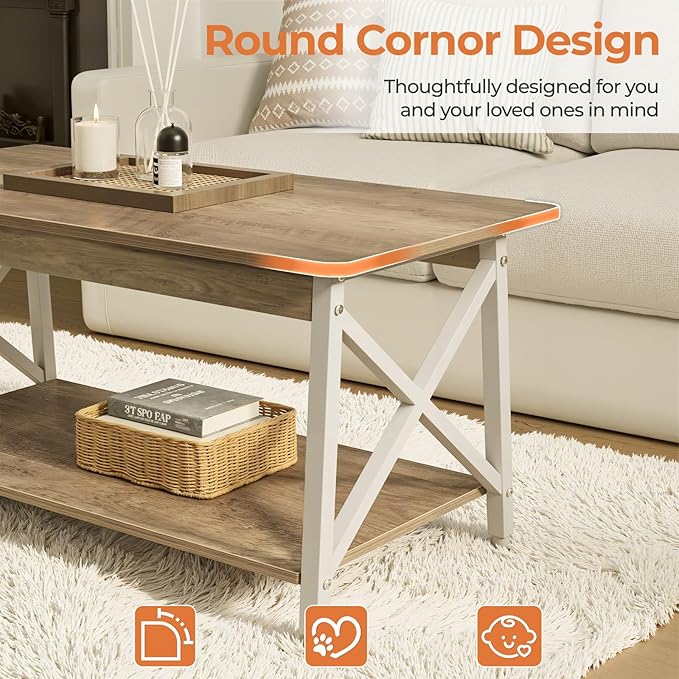 GreenForest Farmhouse Coffee Table with Round Corner, 39.4'' Living Room Table with 2 Tier Storage Shelves, X-Frame Sturdy Center Table Space Saving Easy Assembly, Gray Wash