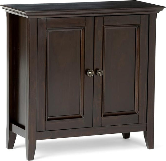 SIMPLIHOME Amherst 32-inch Wide Solid Wood Transitional-Style Low Storage Cabinet in Hickory Brown for Living Room, Entryway, or Dining Area with Adjustable Shelves