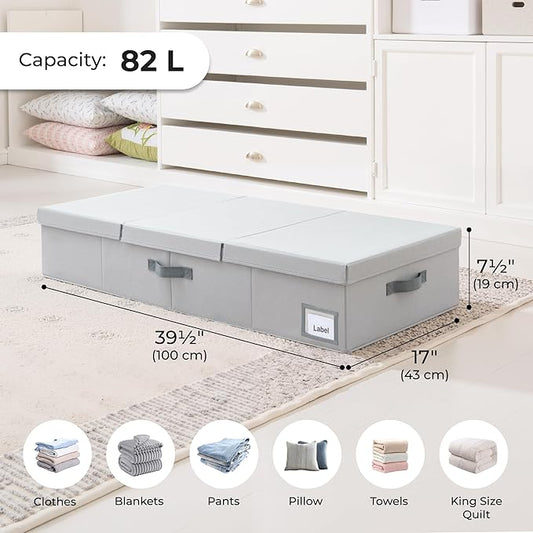 Cupic Cupid 7.5" Foldable Underbed Storage Box with Lid, 82L Large Under Bed Storage Containers with Reinforced Bottom for Comforters & Blankets, High Capacity Seasonal Bedding Organizer, 2 Pack,Grey