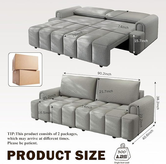 KEIKI 90.2" Space-Saving Convertible Sofa Bed – 3-in-1 Sleeper Couch with Deep Seats Storage, Modern Teddy Fabric Sofa for Apartment, Small Spaces, Studio Living, Multifunctional Sofa Bed with Wheels