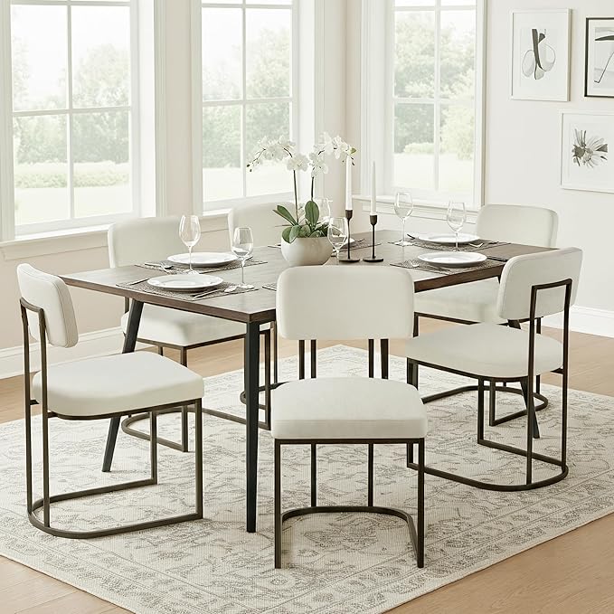 Dining Chairs Set of 6, Upholstered Modern Kitchen Chairs with Ergonomic Backrest, Fabric Cushion Seat & Wire Drawing Metal Legs for Living Room, Restaurant, and Café, White, 2Boxs