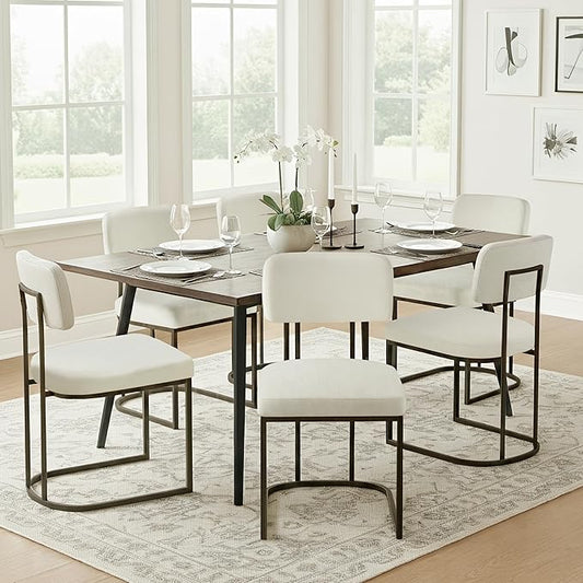 Dining Chairs Set of 6, Upholstered Modern Kitchen Chairs with Ergonomic Backrest, Fabric Cushion Seat & Wire Drawing Metal Legs for Living Room, Restaurant, and Café, White, 2Boxs
