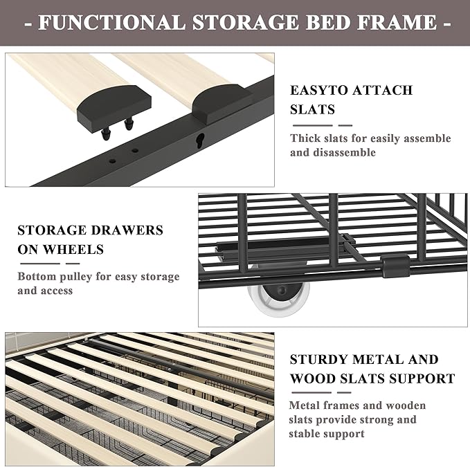 VECELO Queen Size Upholstered Platform Bed Frame with 4 Storage Drawers, Adjustable Velvet Rivets Headboard, Wooden Slats Support, No Box Spring Needed, Easy Assembly