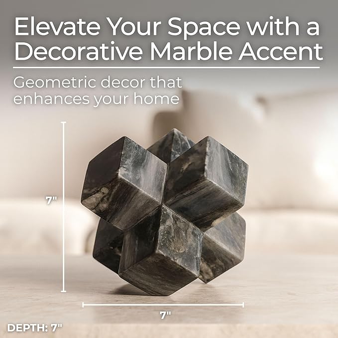 Geometric Cube Decorative Object – Marble Sculpture Modern Home Decor Ornament – Shelf Styling & Coffee Table Decor for Bathroom, Office & Living Room – 7", Gray