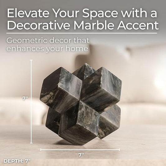 Geometric Cube Decorative Object – Marble Sculpture Modern Home Decor Ornament – Shelf Styling & Coffee Table Decor for Bathroom, Office & Living Room – 7", Gray