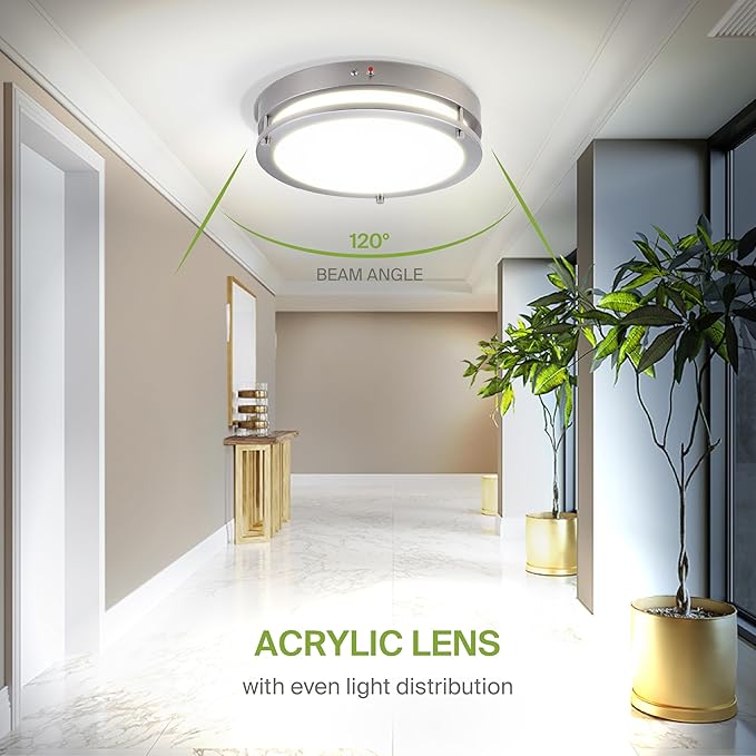 ASD LED 16" Round Flush Mount Lighting, Close to Ceiling Light Fixture | 3CCT, Dimmable, Battery Backup, ETL Listed | 24W 2116LM 3000-5000K 100-277V | Low Profile Double Ring Lamp | Nickel, 4 Pack
