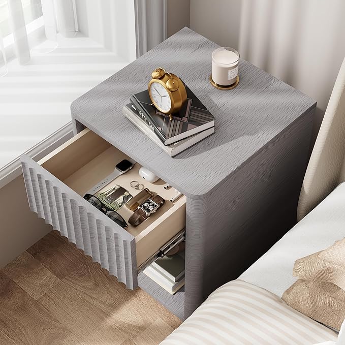 VICITON Fluted Narrow Night Stand,Thin Nightstand with Leather Surface, Small End Table with Storage, Living Room/Bed Side Table for Small Spaces (Light Gray, Large)