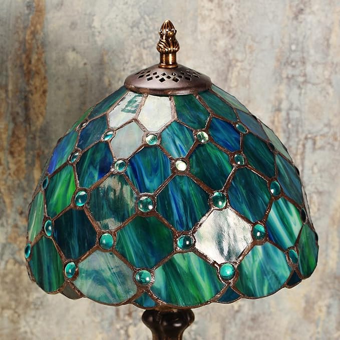 MIAOKE Stained Glass Table Lamp,Stained Glass Crystal Bead Style Table Light, Handmade Desk Bedside Night Light, Antique Art Craft Gifts Lover Living Room Bedroom Bookcase (Green Pearl)