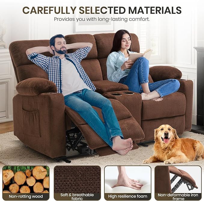 Power Reclining Loveseat with Console, Power Loveseat Recliner Sofa with Heat and Massage, Extended Footrest, Wall Hugger Recliner Loveseat with Lumbar Supports, Side Pockets for Living Room