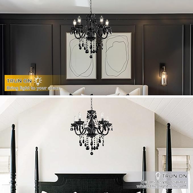 Black Modern 5-Light Crystal Chandelier Acrylic Hanging Pendant Light with Plug-in Cord & Switch, 19x19.7 Inch for Kitchen Island Dining Room Bedroom Decor