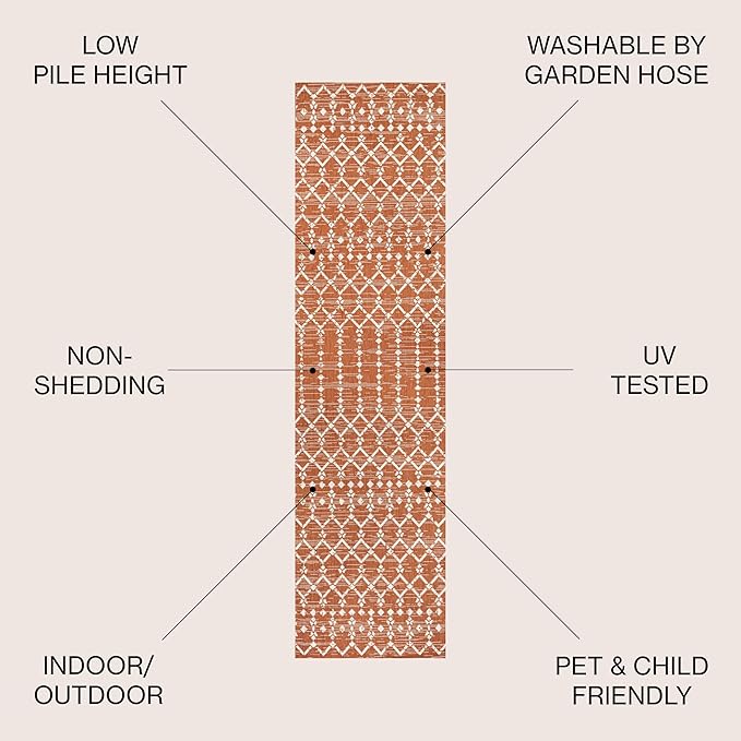 JONATHAN Y Moroccan Geometric Indoor Outdoor Runner Rug 2X8 Orange/Cream, Ourika Textured Weave for Backyard, Patio, Porch, Easy-Cleaning, High Traffic, Pet-Friendly, Non-Shedding (SMB108P-28)