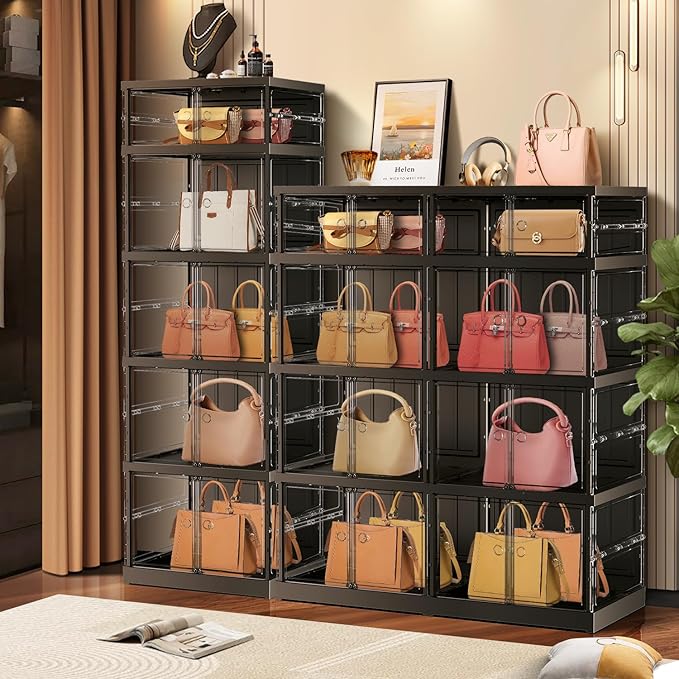 5-Tier Foldable Shoe Rack for Closet Entryway 5-10Pairs,Stackable Clear Shoe Storage Boxes Organizer with Door Plastic Shoe Cabinet Bins with Lids Shoes Shelf Easy Assembly Large Black