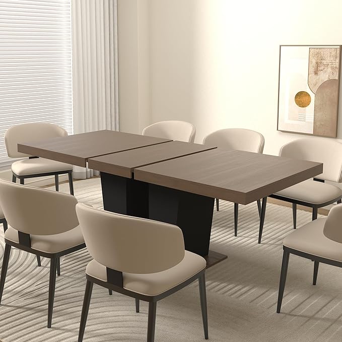 63" - 79" Extendable Dining Room Table, Expandable Kitchen Table for 6 to 10 People, Modern Wood Conference Table, Large Dining Table(Brown & Black, Pedestal Base B)