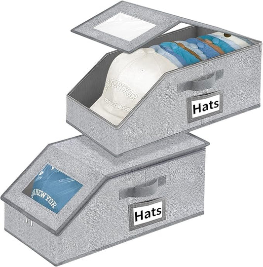 Aokeyee Hat Organizer for Baseball Caps - 2PCS Stackable Storage with Clear Window Lid, Flip-Top Access, Space-Saving Hat Box for Closet, Breathable Fabric (Grey)