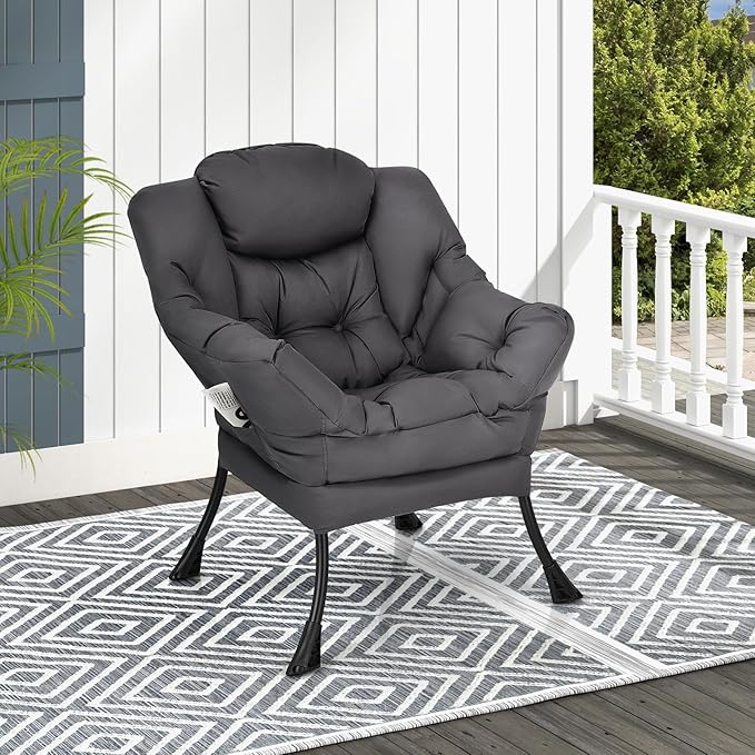 GORELAX Modern Lazy Chair,Upholstered Lounge Accent Chair, Single Leisure Sofa Chair with Armrests & Side Pocket, Comfy Reading Chair for Bedroom, Living Room, Dorm Room (Grey)