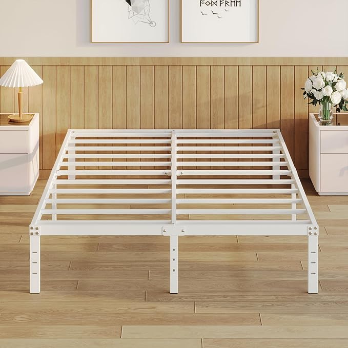 14 Inch Queen Bed Frame No Box Spring Needed, Heavy Duty Metal Bed Frame Queen Size with Large Underbed Storage Space, Noise Free, Easy Assembly, White
