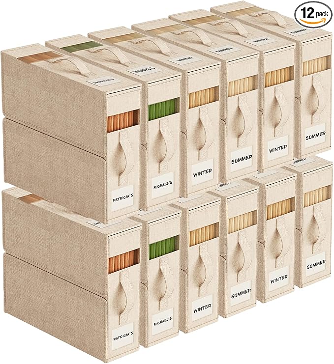 12Pack Sheet Organizers and Storage with Handles – Foldable Linen Closet Storage for King & Queen Sheet Sets – Clear Window & Removable Labels – Dustproof & Space-Saving Design, Beige
