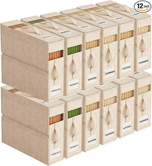 12Pack Sheet Organizers and Storage with Handles – Foldable Linen Closet Storage for King & Queen Sheet Sets – Clear Window & Removable Labels – Dustproof & Space-Saving Design, Beige