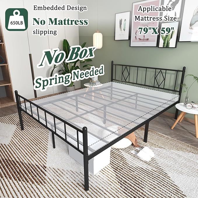 14 Inch Queen Size Bed Frames with Headboard/Footboard, Under Bed Storage, Strong Metal Slats Support, No Box Spring Needed, Noise Free, Easy Assembly, Black