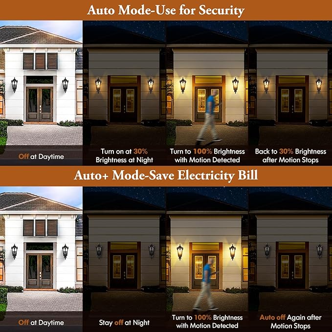 2-Pack Motion Sensor Outdoor Wall Lights, Dusk to Dawn Porch Lights Wall Mount, Exterior Light Fixtures Sconces Lighting, Black with Gold Trim Wall Lanterns Outside Lights for House Garage Front Door
