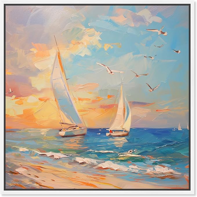 Art Remedy Sailboats In The Sunset Framed Sailing 1 Piece Canvas Wall Art, 17" x 17", White Frame