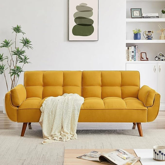 ERYE 75-Inch Tufted Upholstered Futon Sofabed Linen Loveseat Sofa Bed with Adjustable Backrest and Pillows for for Bedroom Living Room, Modern Convertible Futon Sleeper Bed