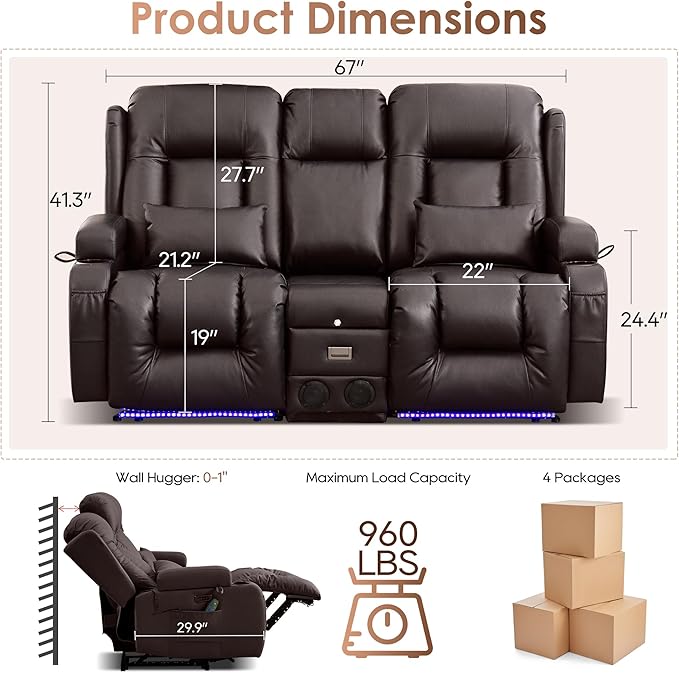 TUNYI Wall Hugger Loveseat Recliner Sofa with Console, Power Reclining Loveseat RV Couch with Massage & Heat/USB/Outlet/Storage/LED Light/Speaker (Espresso)