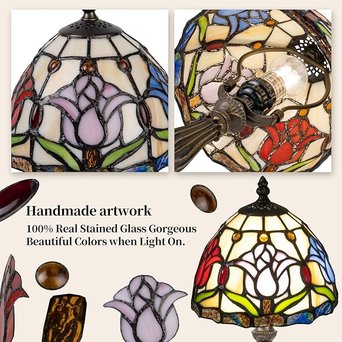 Tiffany Style Lamp,3 Color-Temperature Flower Stained Glass Lamp,8 Inch Tiffany Table Lamp for Bedroom Living Room Home, Handcrafted Light, Included Bulb