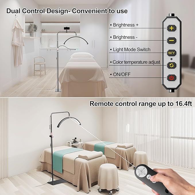 AURELLE Half Moon Lash Light - Adjustable LED Floor Lash Lamp with 4X Magnifier & Phone Holder for Eyelash Extensions,Nail Art,Tattoo,Skincare,Salon SPA-Dimmable Brightness,Rotating Head, Black