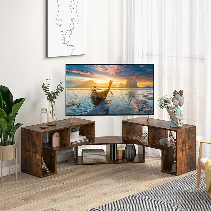 Tangkula 3 Pieces Console TV Stand, Free-Combination Entertainment Center for 50 55 60 65 Inch TV, Minimalist Modern Media Stand, DIY Open Storage Bookcase Shelf for Living Room (Brown)