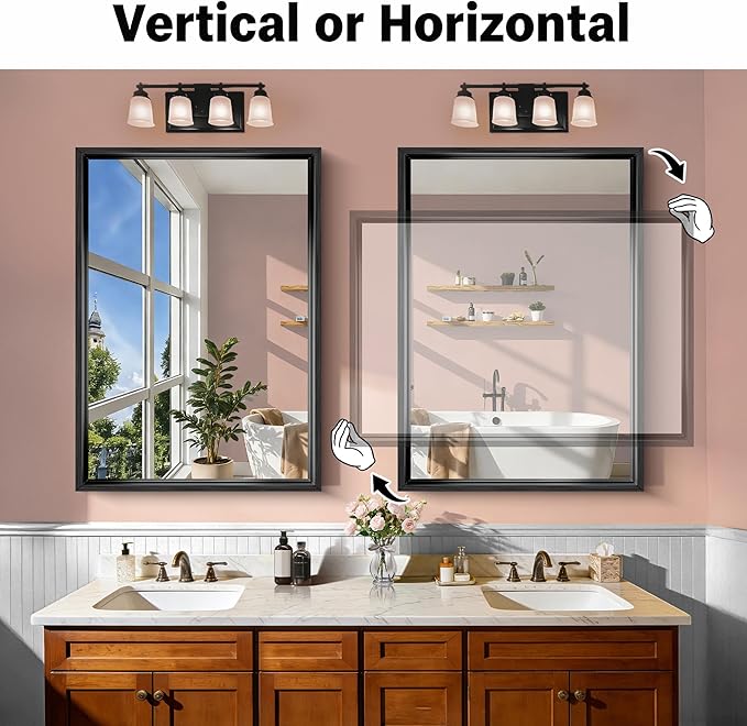 CIRCUMI 30"x42" Black Mirror with Chunky Box Metal Frame, Brushed Finish Rectangular Bathroom Mirrors for Over Sink, Living Room, Entryway, Tempered Glass Mirror for Wall, Vertical or Horizontal