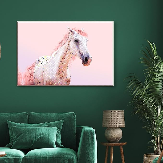 Country Farmhouse Canvas Print Painting Animal Wall Art 'Pink Glam Horse' Champagne Framed Canvas Rustic Home Décor 45x30 in Pink, White by Oliver Gal