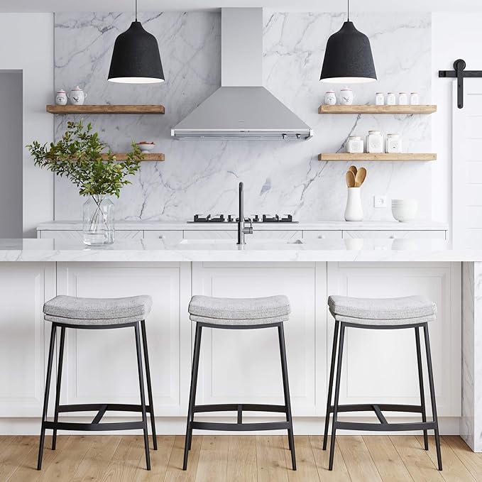Nathan James 22201 Arlo Modern Backless Upholstered Kitchen Counter Bar Stool with Double-Layered Saddle Seat and Metal Base, Grey/ Matte Black