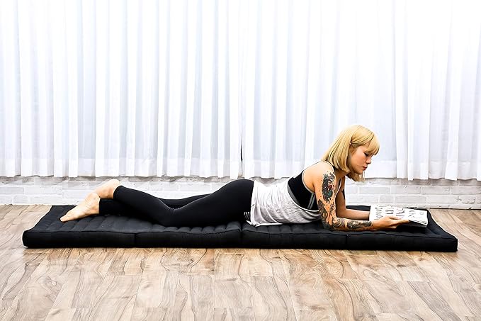 Leewadee Trifold Mattress Standard – Comfortable Thai Massage Pad, Foldable Floor Mattress Filled with Kapok, Perfect to Use as a Sleeping Mat 79 x 28 inches, Black