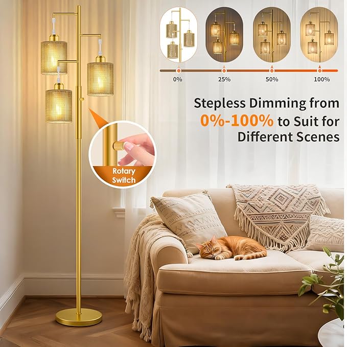 Hotsonic 72" Rattan Boho Floor Lamp, Tall Dimmable Standing Lamp with Handcrafted Beige Shade, Industrial Tree Floor Lamps for Living Room, Bedroom, Study Room, Office(3x800LM LED Bulbs Included)-Gold